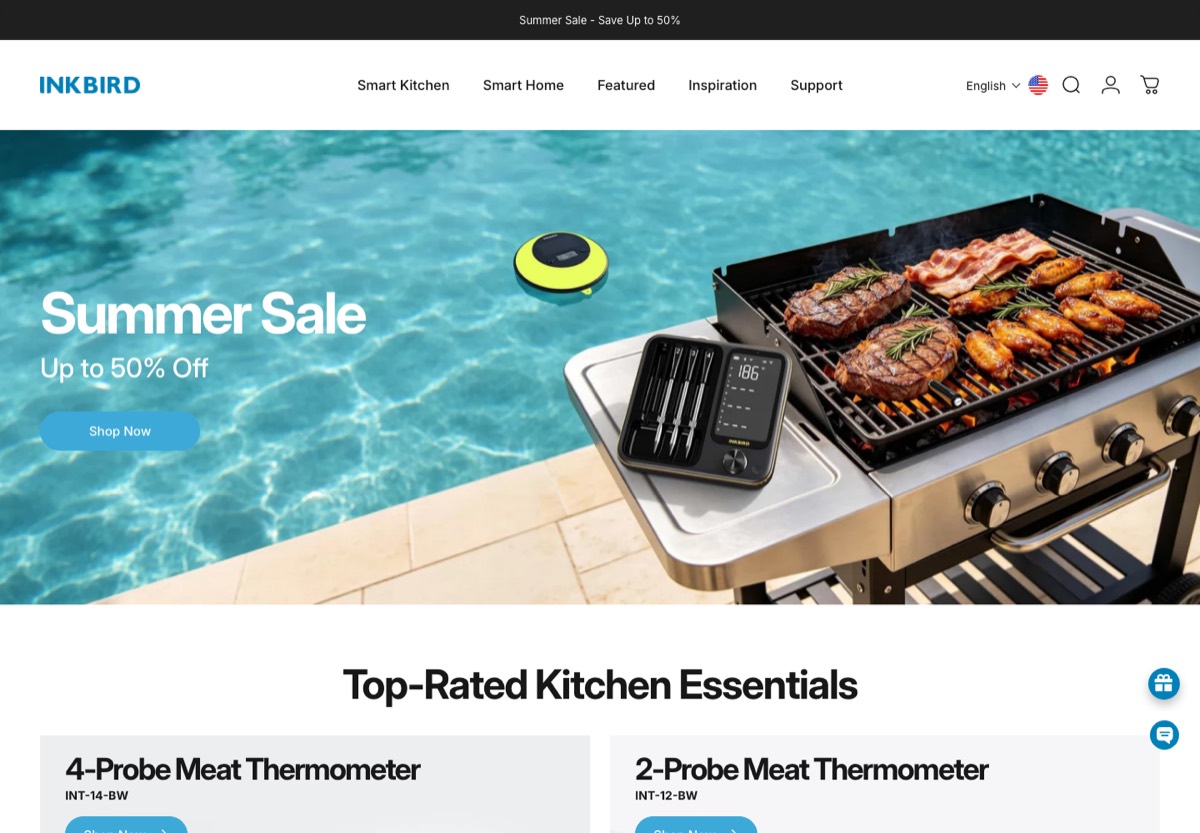 Homepage. 313 words and a sale bar, with no review block in view.