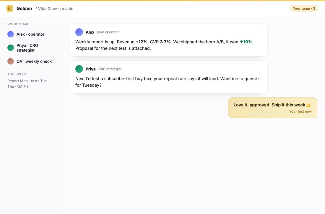 The private Golden channel: your operator and CRO strategist, every week